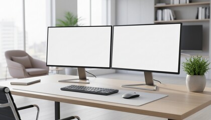 Fototapeta premium Two computers with white screen on home office desk suitable for mockups and presentations with plenty of copy space for your designs