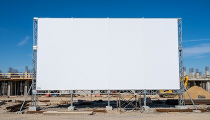 Obraz premium White blank hoarding poster with mockup space on construction site under blue sky