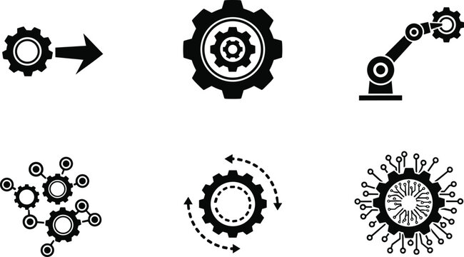 Solid black industrial gear icon set featuring robotic arm digital circuit cogs and network symbols for automation and technology user interface design