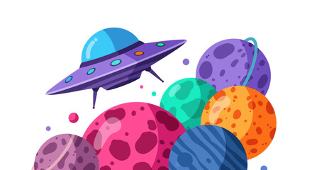 Cartoon UFO Flying Over Colorful Planets in Space © Yunan