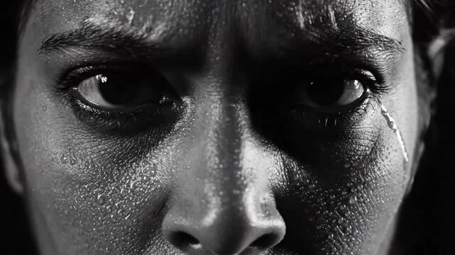 Closeup of a persons face with tears ideal for sleek commercial backgrounds and title sequences