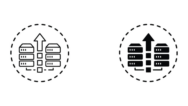 Cloud server data migration and upload progress icons with dotted circle container for data center infrastructure and digital information transfer visualization in flat line and solid vector style