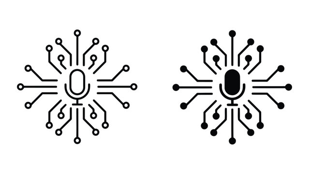 Digital microphone icon with circuit board connections as minimalist outline and solid vector illustration for audio technology concepts and communication systems design