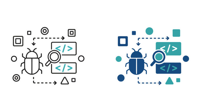 Software bug detection and code debugging icon set for web development and programming diagnostics