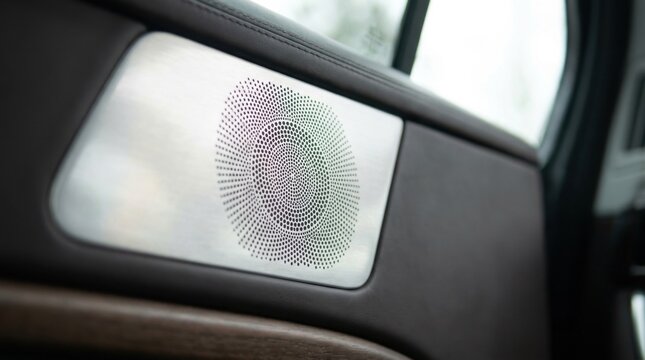 Detailed view of a brushed aluminum speaker cover featuring a geometric circular perforated pattern set into a brown leather door panel with wood grain accents in a luxury vehicle.