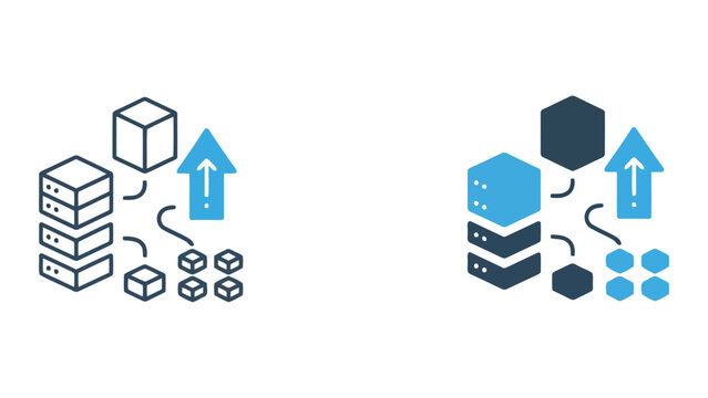 Data migration and server cloud transfer vector icon set representing cloud computing storage and information processing architecture with isometric cubes and arrows in clean dual design style