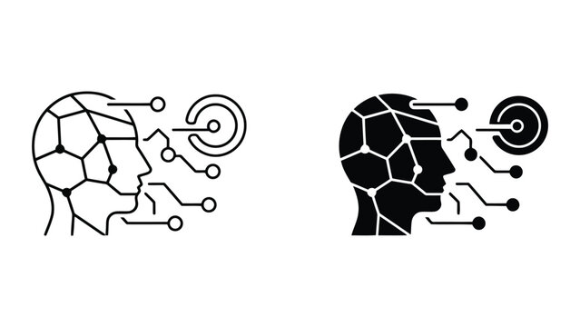 Artificial intelligence brain network icon with neural nodes and target sensor in flat and linear vector styles for machine learning and human computer interaction