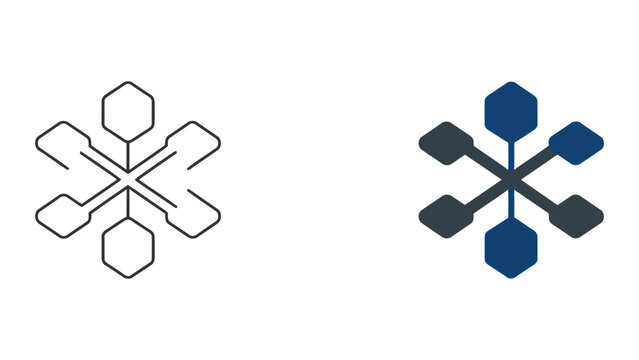 Abstract hexagon connection node network icon set for digital infrastructure and information systems in flat vector illustration style