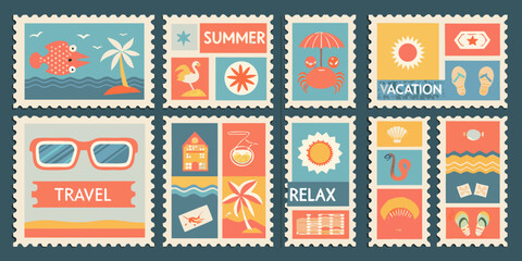 Vintage summer vacation postage stamps collection with travel and beach themed illustrations high quality professional © Tapas