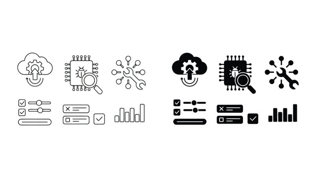 Collection of cloud computing and software configuration icons featuring gear settings and database optimization in linear and solid styles