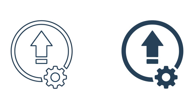 Software update process icon featuring an upward arrow and mechanical gear in a circle as a professional vector graphic for system upgrades