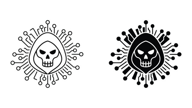 Abstract digital skull icon with circuit board pattern in minimalist line art and solid black design for cybersecurity and technology concepts and hacker themes isolated on a plain white background