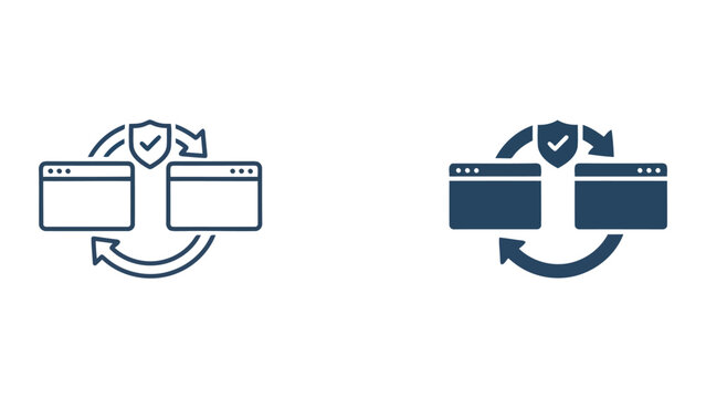 Data synchronization and secure website transfer icon showing browser windows with protective shield and cycle arrows as clean vector illustration for software development