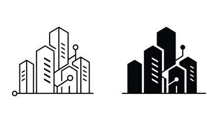 Obraz premium Smart city urban infrastructure icon set featuring high-rise buildings and circuit board network lines in line art and solid vector styles for modern city planning and sustainable technology concepts