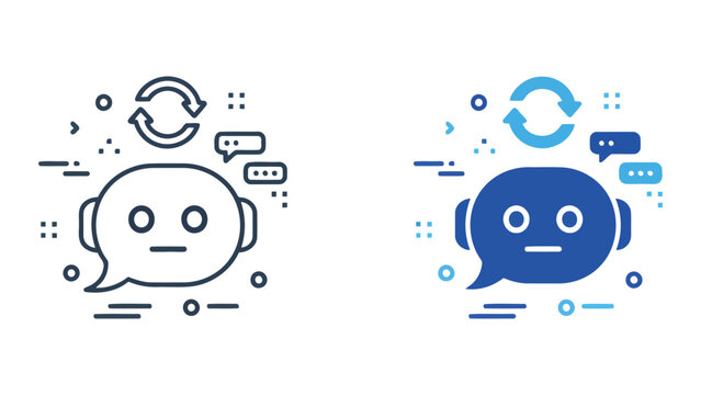 Chatbot head icon with refresh symbol and speech bubble feedback for artificial intelligence communication and automated customer support systems vector illustration set