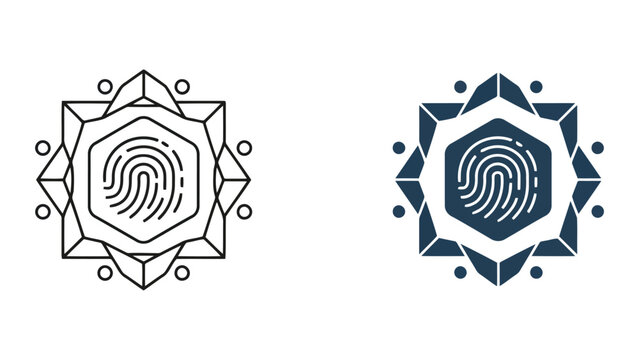 Biometric fingerprint identity security icon set in outline and solid styles for digital verification systems and user authentication concepts isolated on white background