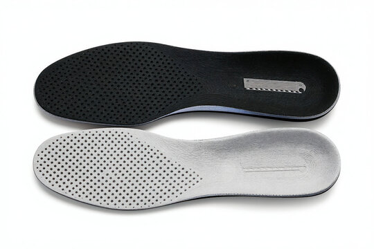 Two porous shoe insoles, black and grey. Removable soles made of spongy material. Ideal for comfort, foot support, and warmth in shoes. Universal size for footwear.