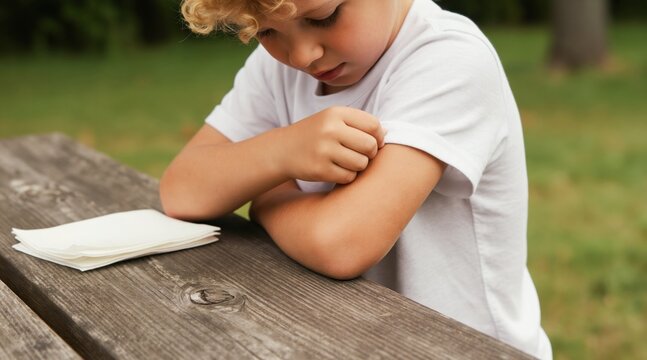 Young boy sits at picnic table scratching arm. He experiences discomfort from insect bite on skin. Child shows irritation while outdoors. Casual summer scene depicts minor injury, childhood moments.