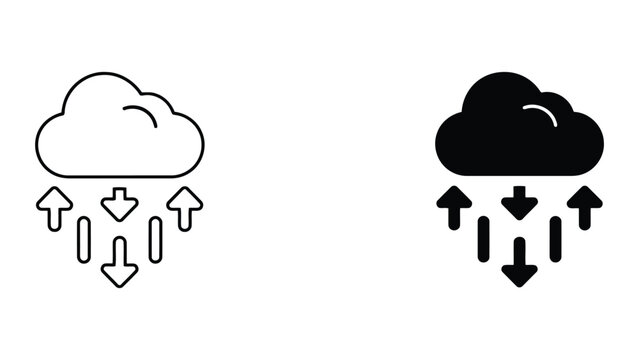 Cloud data upload and download process icons with directional arrows representing bidirectional information flow in simple black outline and solid vector format for cloud computing user interface