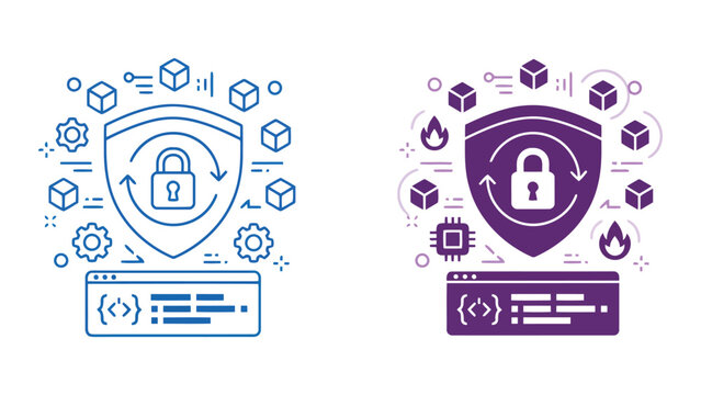 Cybersecurity protection shield icon with software code and data blocks for secure network infrastructure concept in flat vector style