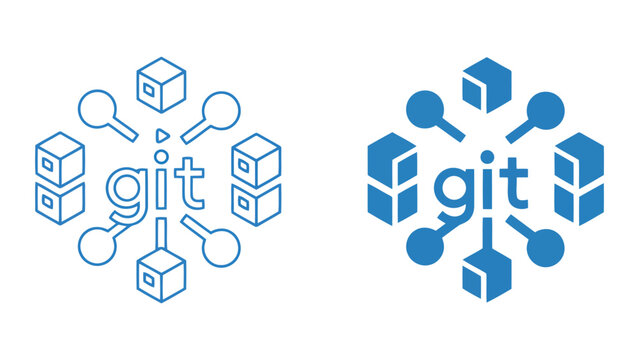Git version control and software repository management vector icon set featuring code branch nodes and data cubes for developer tools and distributed computing systems in flat dual style