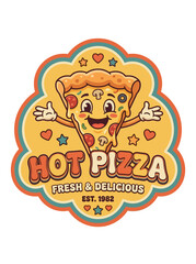 Fototapeta premium A cartoon pizza slice with a smiling face and outstretched arms is labeled 'Hot Pizza' in a fresh and delicious badge.