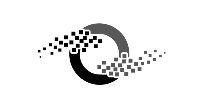 Abstract circular logo with pixelated digital dispersion effect