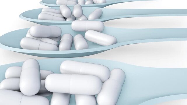 The camera performs a dolly-in motion, moving forward through a vertically stacked array of 3d capsule-filled spoons to create an immersive, clinical procession.