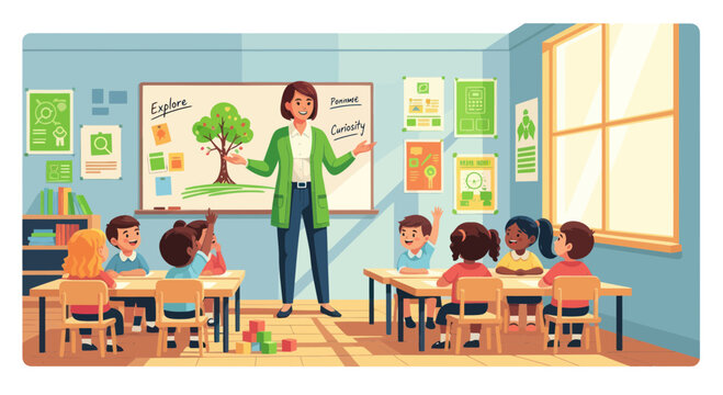 Teacher instructing diverse children in a bright classroom, learning about nature