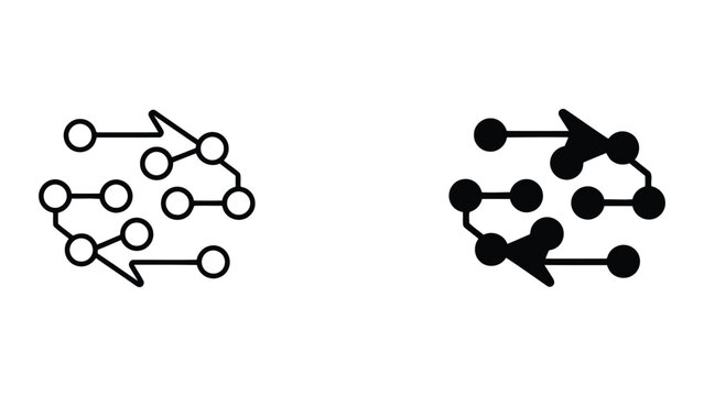 Digital nodes and network connection points with directional arrows icon set for data transfer and communication systems and network topology concepts isolated vector graphics in black and white