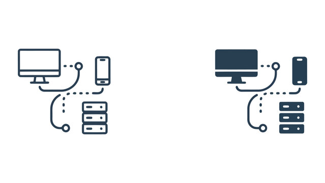 Network connectivity icon set featuring computer monitor mobile phone and server stack with data transfer lines in line art and solid vector styles for cloud computing and infrastructure management