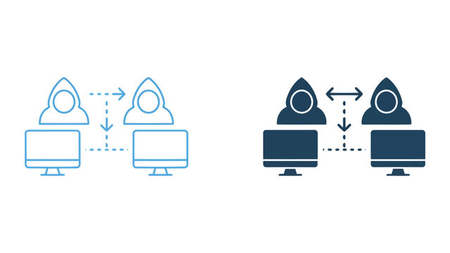 Peer to peer network connection between two computer terminals for decentralized data exchange and digital communication concept in vector icon style