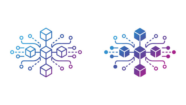 Blockchain technology nodes with connected cubes and digital data pathways for decentralized finance and distributed ledger concepts in modern gradient vector art style for fintech branding design