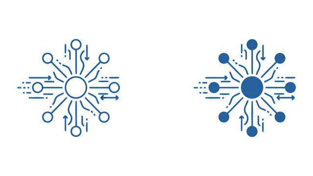 Centralized network hub icon with branching nodes and data flow arrows in linear and solid vector styles for internet connectivity and decentralized system architecture concepts for technology