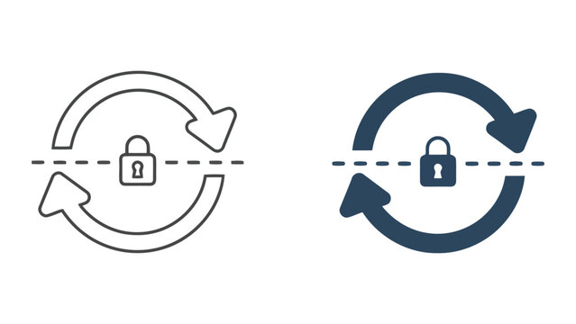 Data synchronization security icon with circular arrows and centered padlock symbol representing secure file transfer and cloud syncing in black outline and solid vector styles