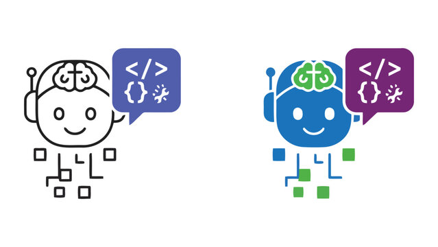 Artificial intelligence robot head with brain and programming code speech bubble icon set showing outline and colorful variations for tech software development and machine learning concepts