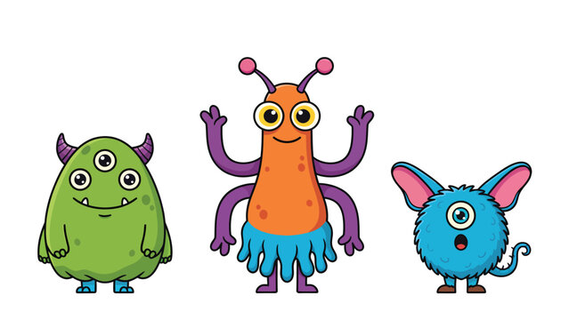 Three cute and colorful cartoon monsters with different features and expressions standing together.