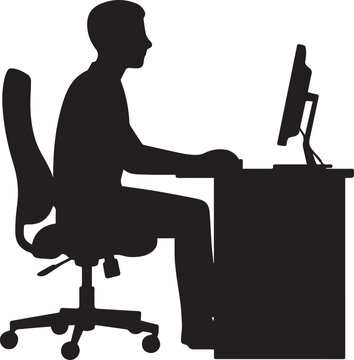 Silhouette of a person sitting at a desk working on a computer Vector