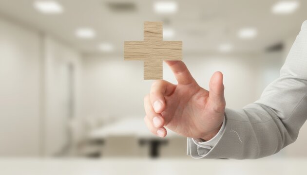 Person wearing suit touching a textured plus sign icon for business growth, financial value added services and corporate strategy in a bright modern office background