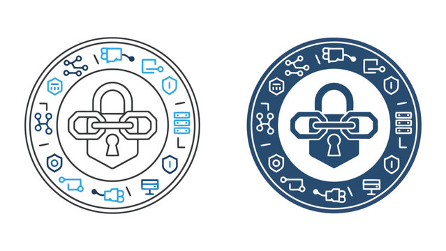 Security padlock icon with chain links surrounded by technology and data icons in a circular frame as a flat vector illustration