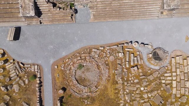 Didim, Turkey. Aerial view of Didyma archaeological excavation, Apollo Temple ruins being studied and preserved. Aerial View