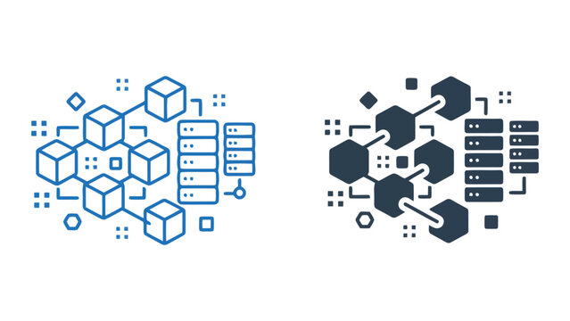 Blockchain network and distributed server infrastructure icon with interconnected blocks and data nodes representing decentralized ledger technology and secure information storage vector graphics