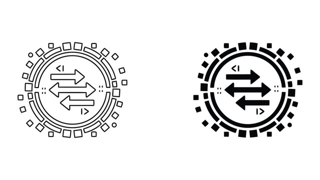 Data flow exchange icon with directional arrows and digital pixelated circle for network connectivity and information transfer conceptual vector illustration set