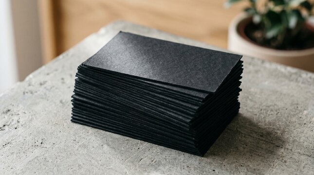 Thick Stack of Blank Black Textured Business Cards Mockup on Concrete Surface with Wooden Shelf and Succulent Plant Bokeh Background