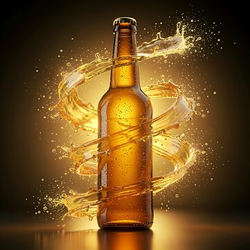 Professional product advertisement featuring an amber glass beer bottle surrounded by a dynamic swirl of golden beer liquid splashes around it against warm, glowing amber golden light background