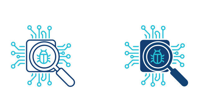 Cybersecurity malware detection icon set featuring magnifying glass scanning computer chip circuit board in line art and solid vector styles for software vulnerability and digital threat protection