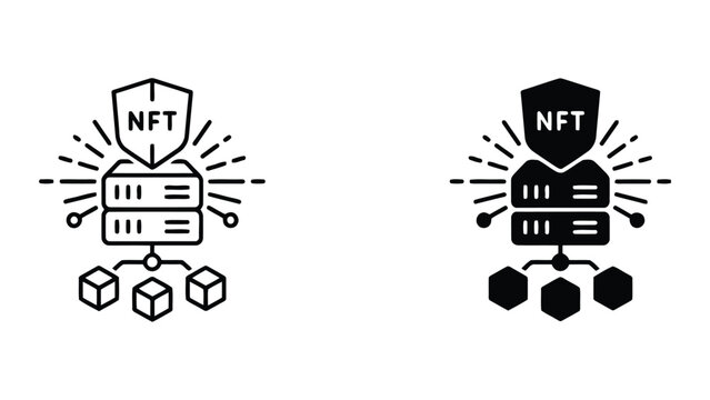 NFT server security icon set with shield and blockchain cube elements for digital asset protection and crypto infrastructure visualization in high quality vector line art and solid graphic style