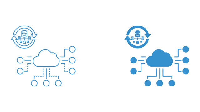 Data synchronization and cloud storage transfer icons featuring database rotation and network connectivity nodes in clean blue vector style for enterprise software interface and backend system visuals