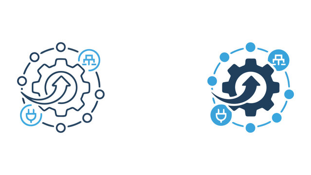 System integration and power management vector icons with gear and arrow and plug symbols in linear and solid styles for energy efficient software and automation technology