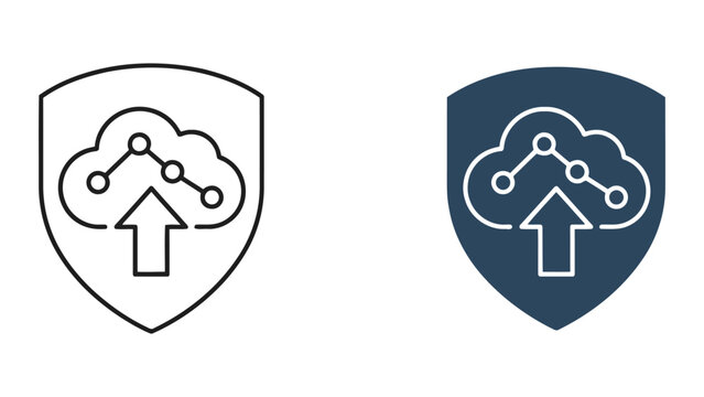 Cloud computing upload icon inside protective shield with linear graph points for secure data storage and backup concepts in professional vector line art style for IT infrastructure management